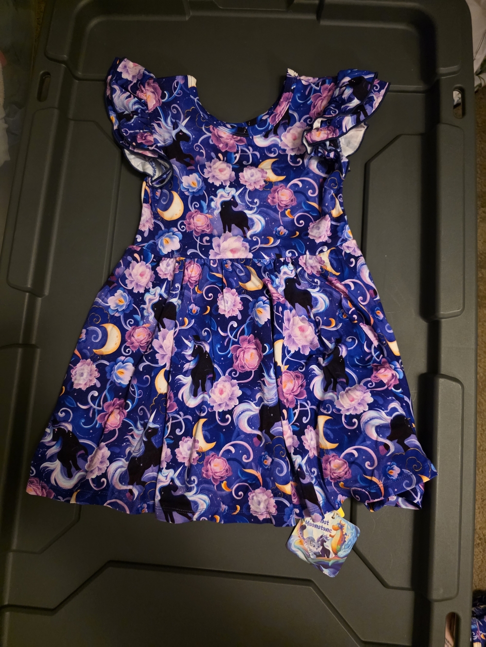 Girls Navy Unicorn & Floral Flutter Sleeve Dress